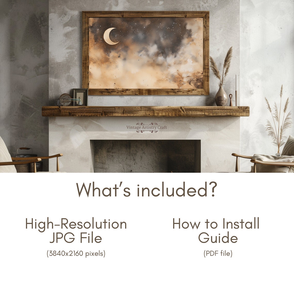 Crescent Moon Golden Cloudy Night Sky Watercolor Dreamy Poster - Image 6
