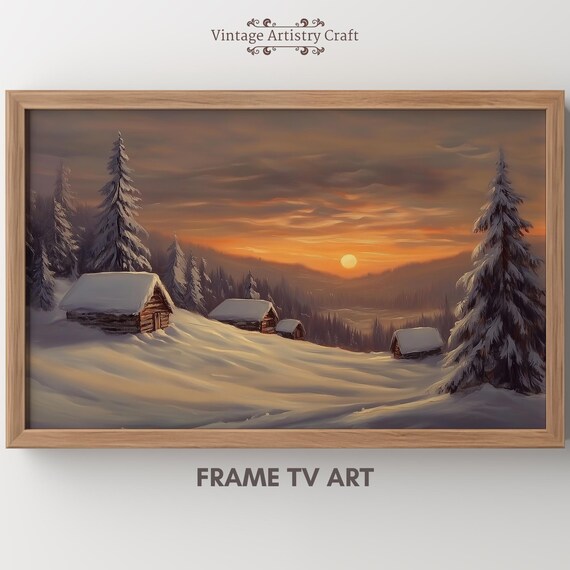 Winter Mountain Village Vintage Oil Painting Art Print