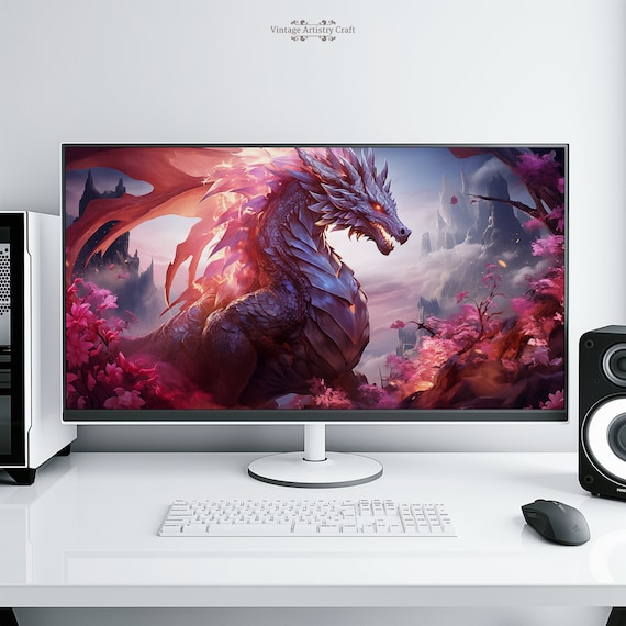 Fantasy Dragon Aesthetic Desktop Wallpaper Pink Flowers 4k Pc Macbook Laptop Imac Playroom Wall Art Background Hq Instant