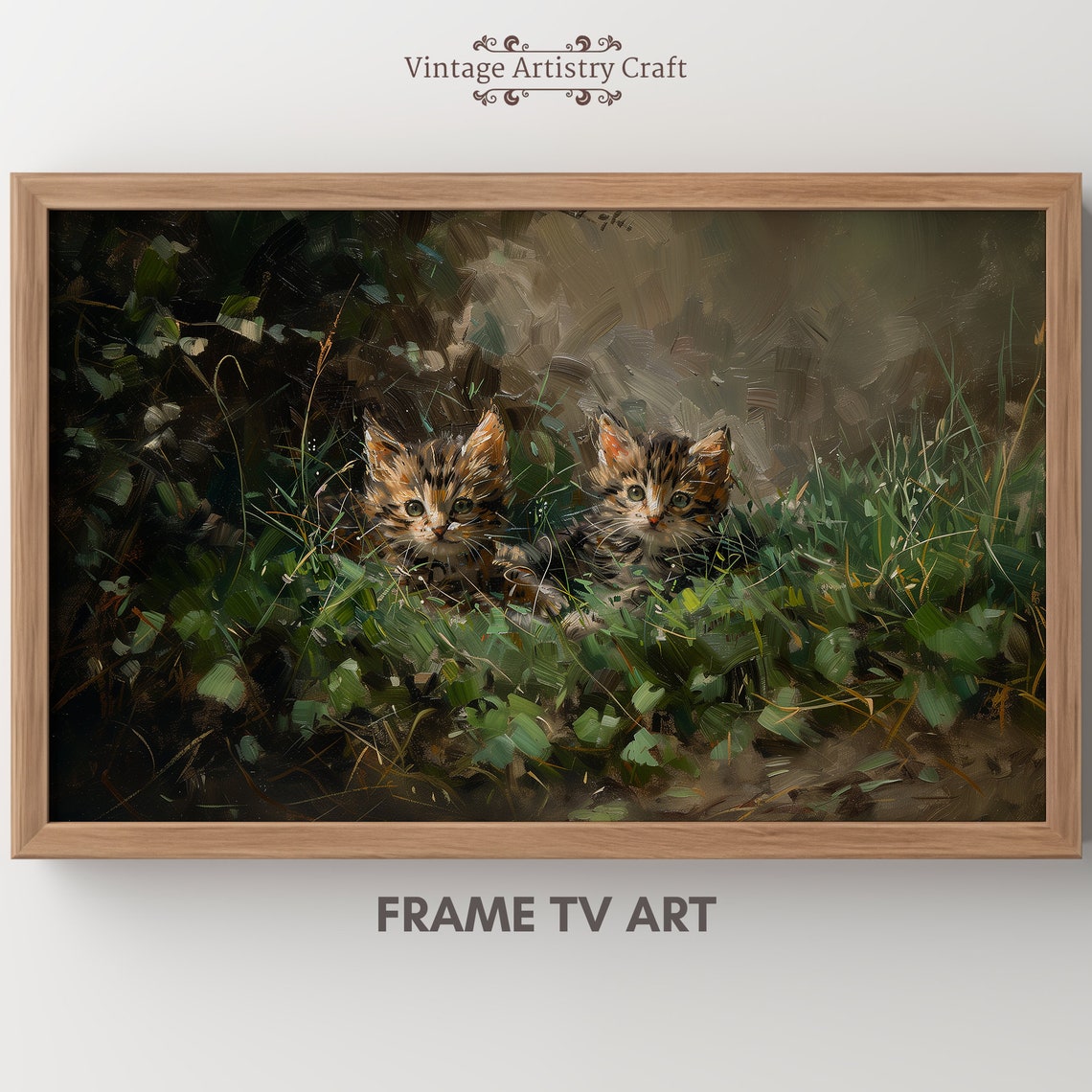 Two Tabby Kittens Peeking Through Grass Vintage Oil Painting Poster
