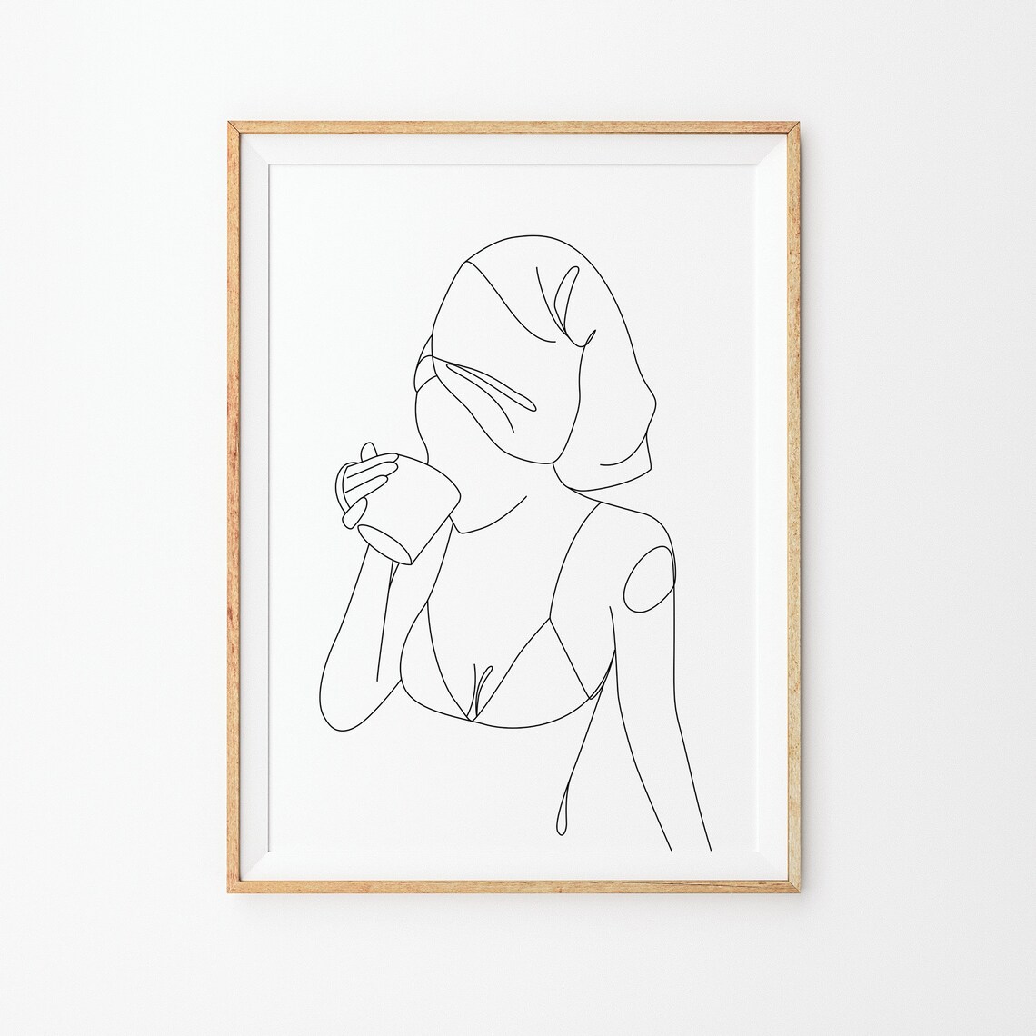 Woman Drinking Coffee with Towel on Head Line Drawing Poster