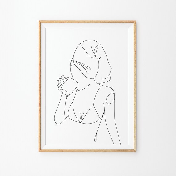Woman Drinking Coffee with Towel on Head Line Drawing Poster
