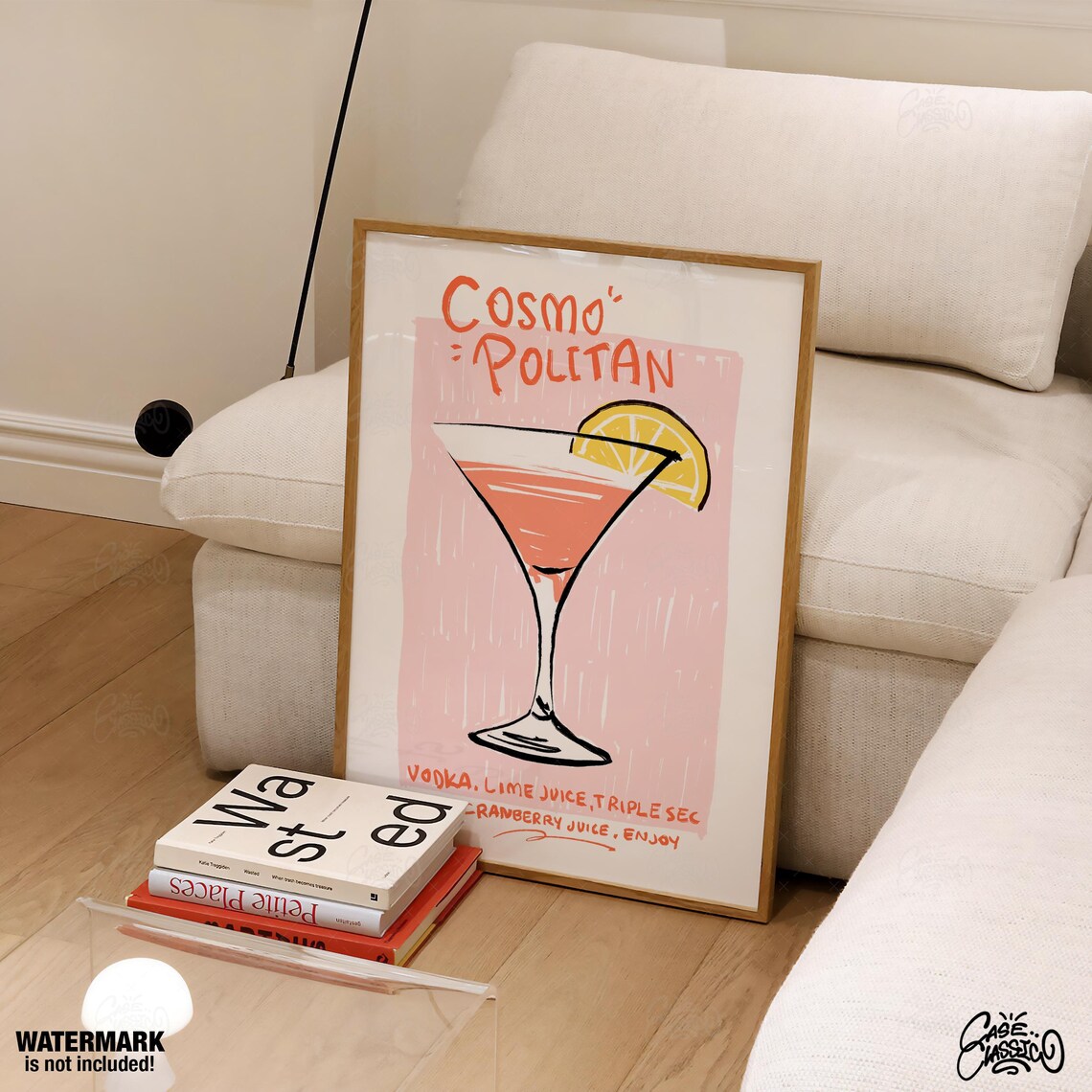 Cosmopolitan Cocktail Recipe Illustrated Pink Bar Cart Poster - Image 2