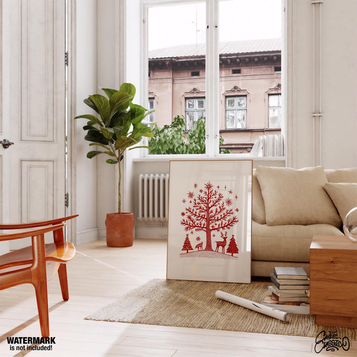 Red Scandinavian Folk Art Christmas Tree with Reindeer Poster - Image 3
