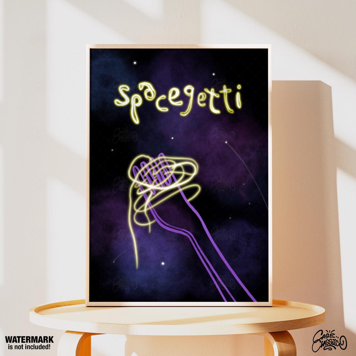 Neon Spacegetti Spaghetti Poster With Glowing Noodle Fork Art - Image 2