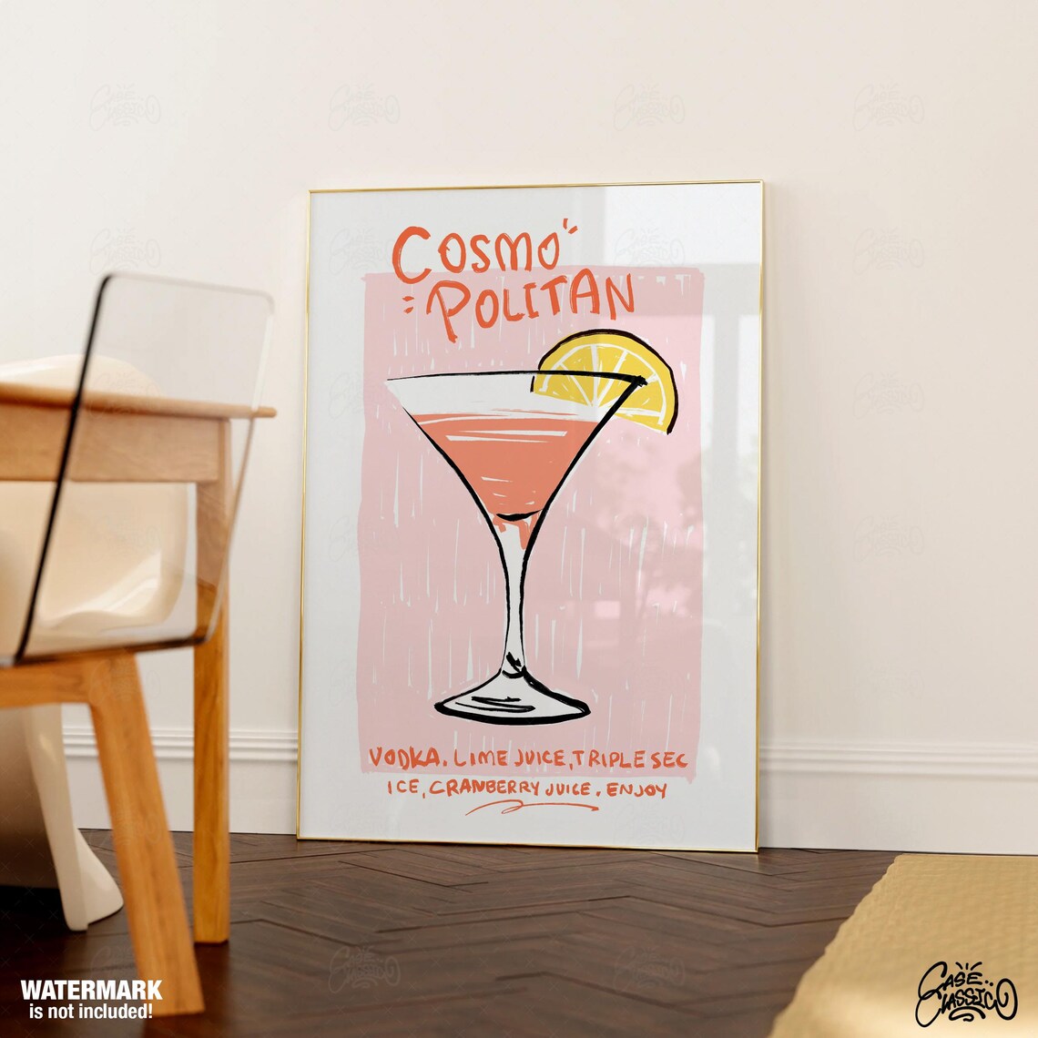 Cosmopolitan Cocktail Recipe Poster With Martini Glass Pink Illustration - Image 3