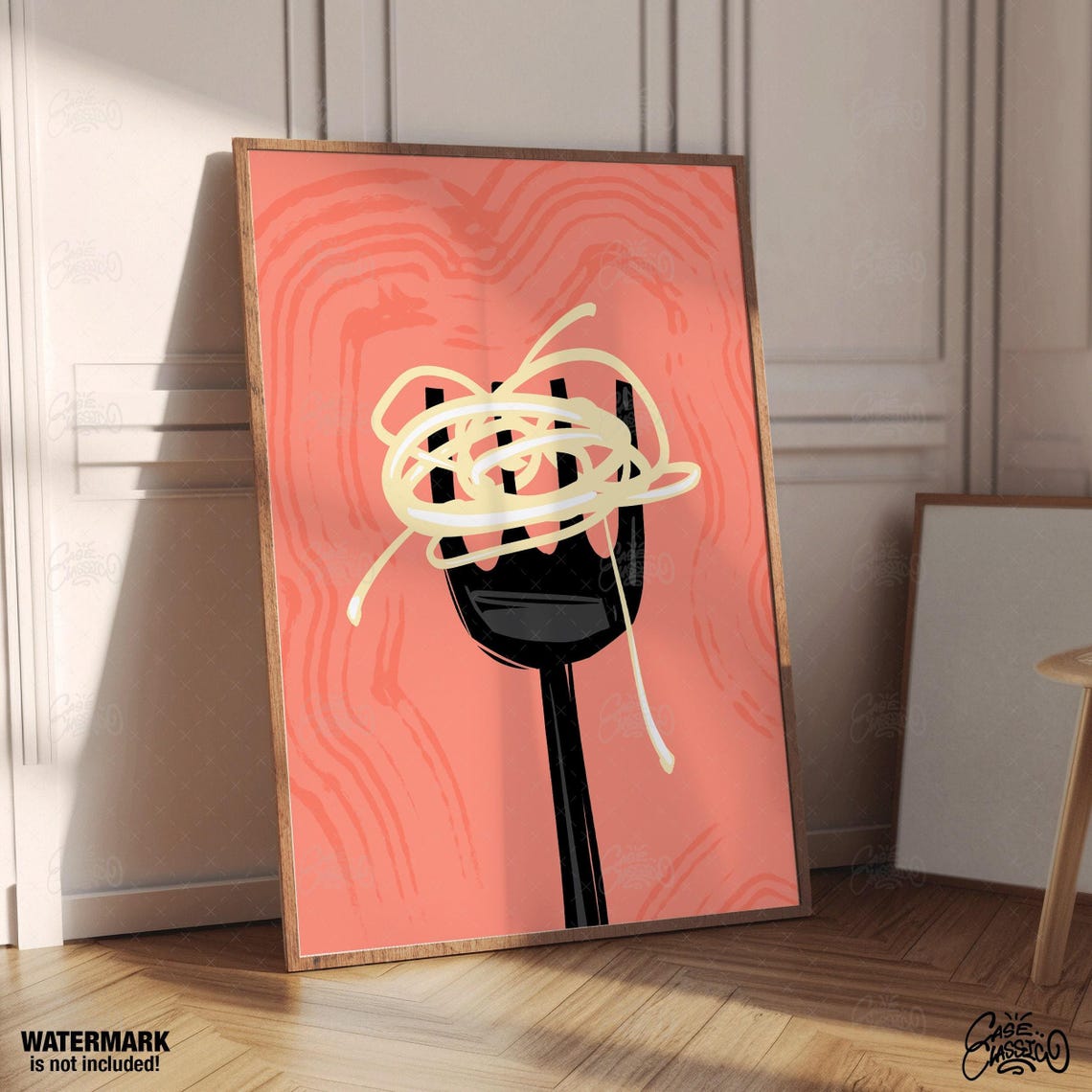 Spaghetti Twirled on Fork Coral Pink Minimalist Food Art Poster