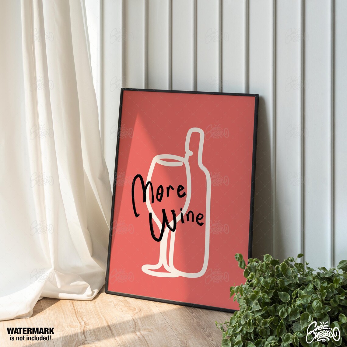 More Wine Minimal Line Art Bottle Red Background Bar Art Poster