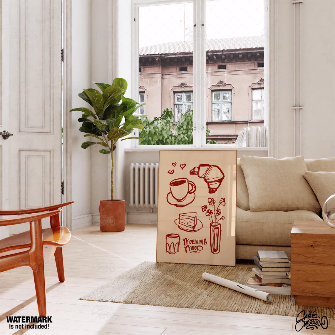 Morning Mood Red Line Coffee Croissant Kitchen Doodle Poster - Image 4