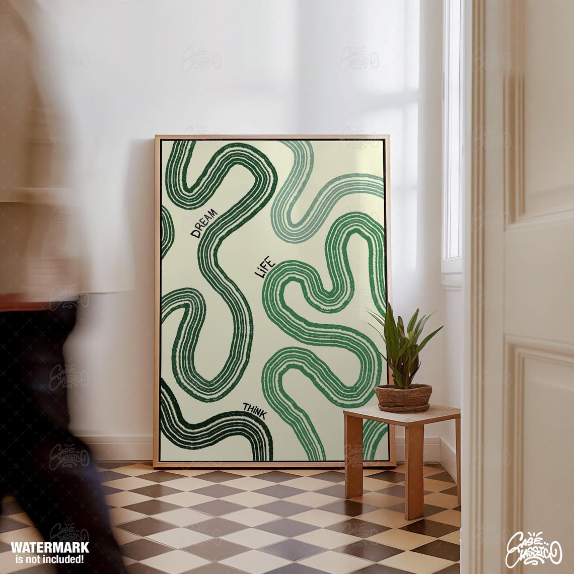 Mid Century Green Squiggle Abstract Dream Life Think Wall Art - Image 2