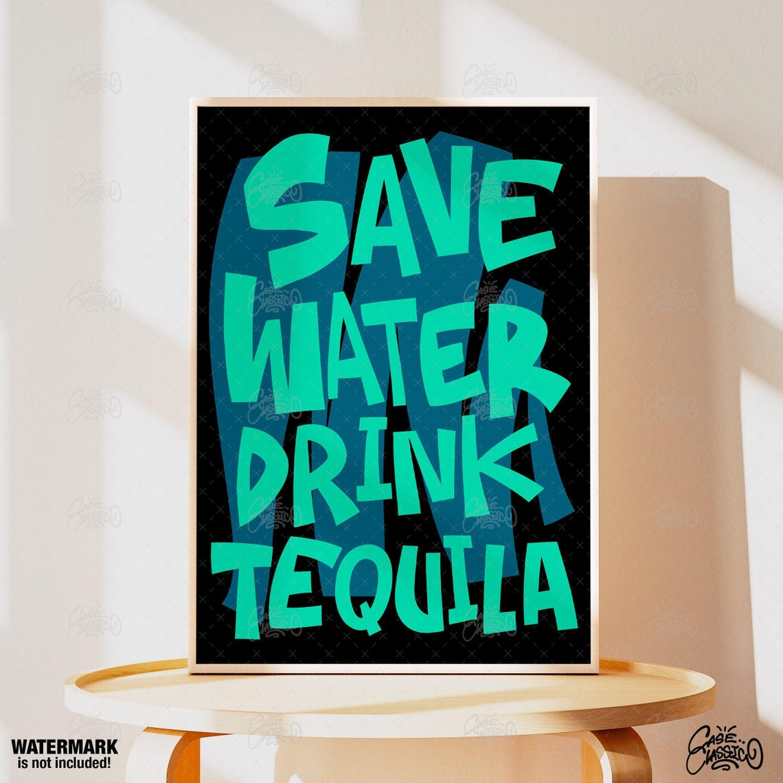 Moody Save Water Drink Tequila Electric Teal On Black Bar Poster