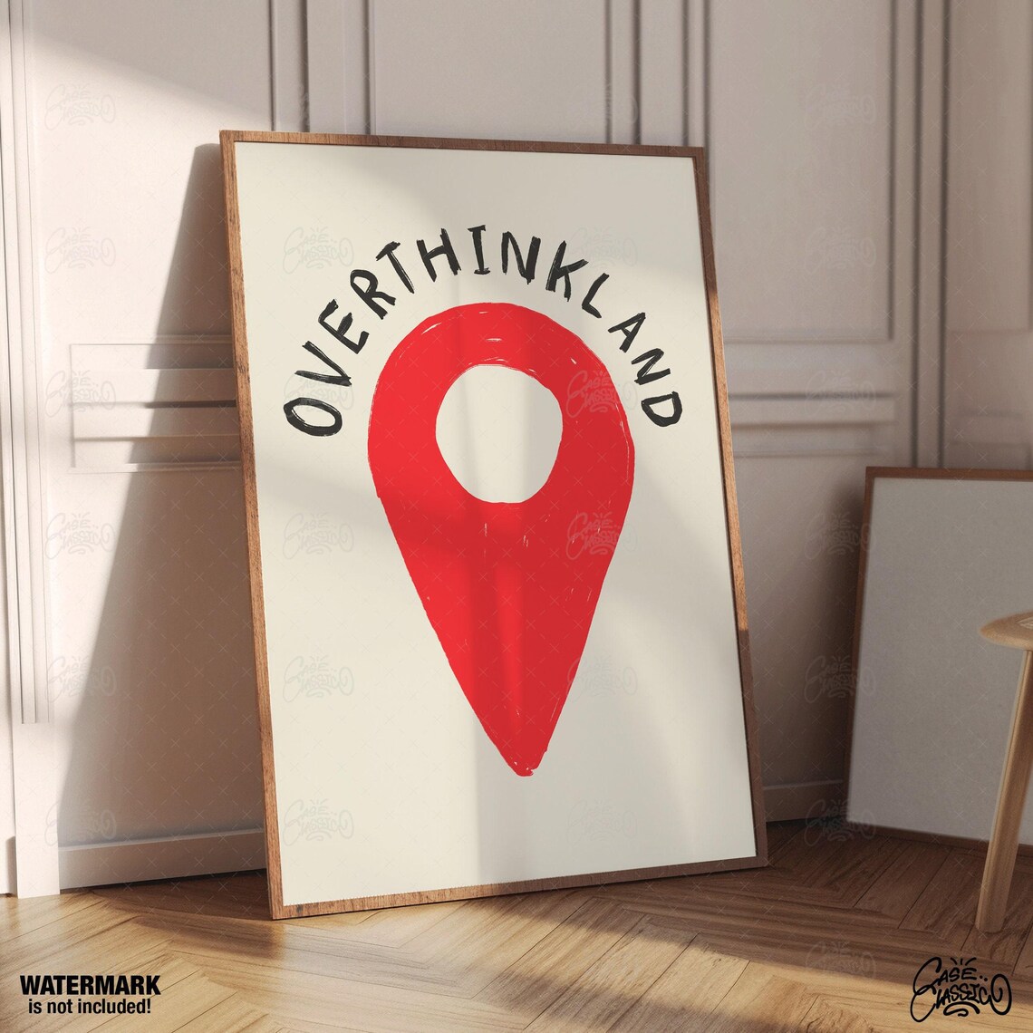 Overthinkland Red Map Pin Funny Hand Drawn Travel Style Quote Poster - Image 3