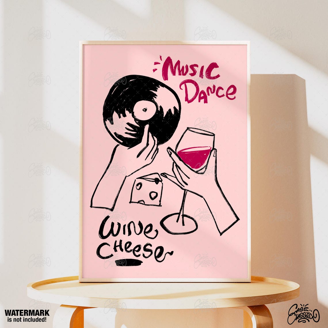 Music Dance Wine Cheese Funky Vinyl Face Illustration Poster - Image 2