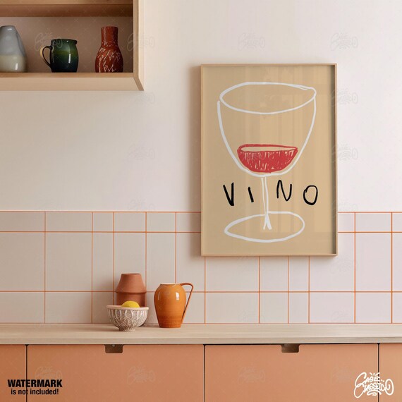 VINO Wine Glass Line Art Poster in White on Cream Background