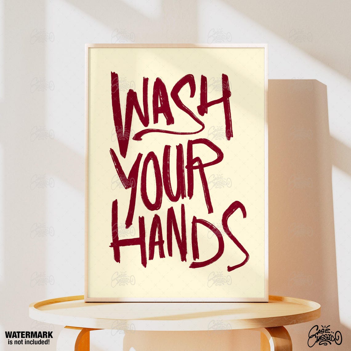 Wash Your Hands Crimson Brush Script Powder Room Bathroom Poster