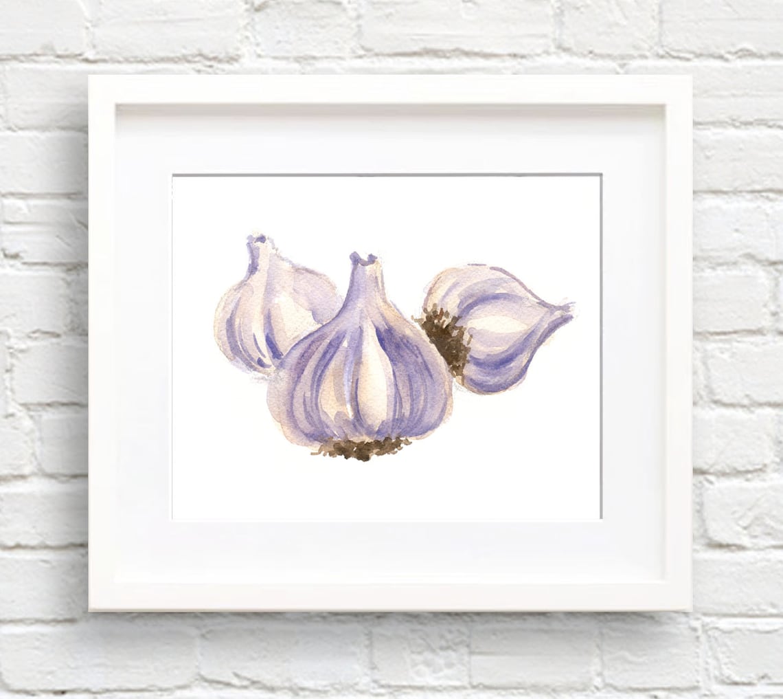 Garlic Watercolor Art Print, Kitchen Wall Decor