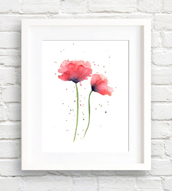 Red Poppies Watercolor Art Print, Floral Decor