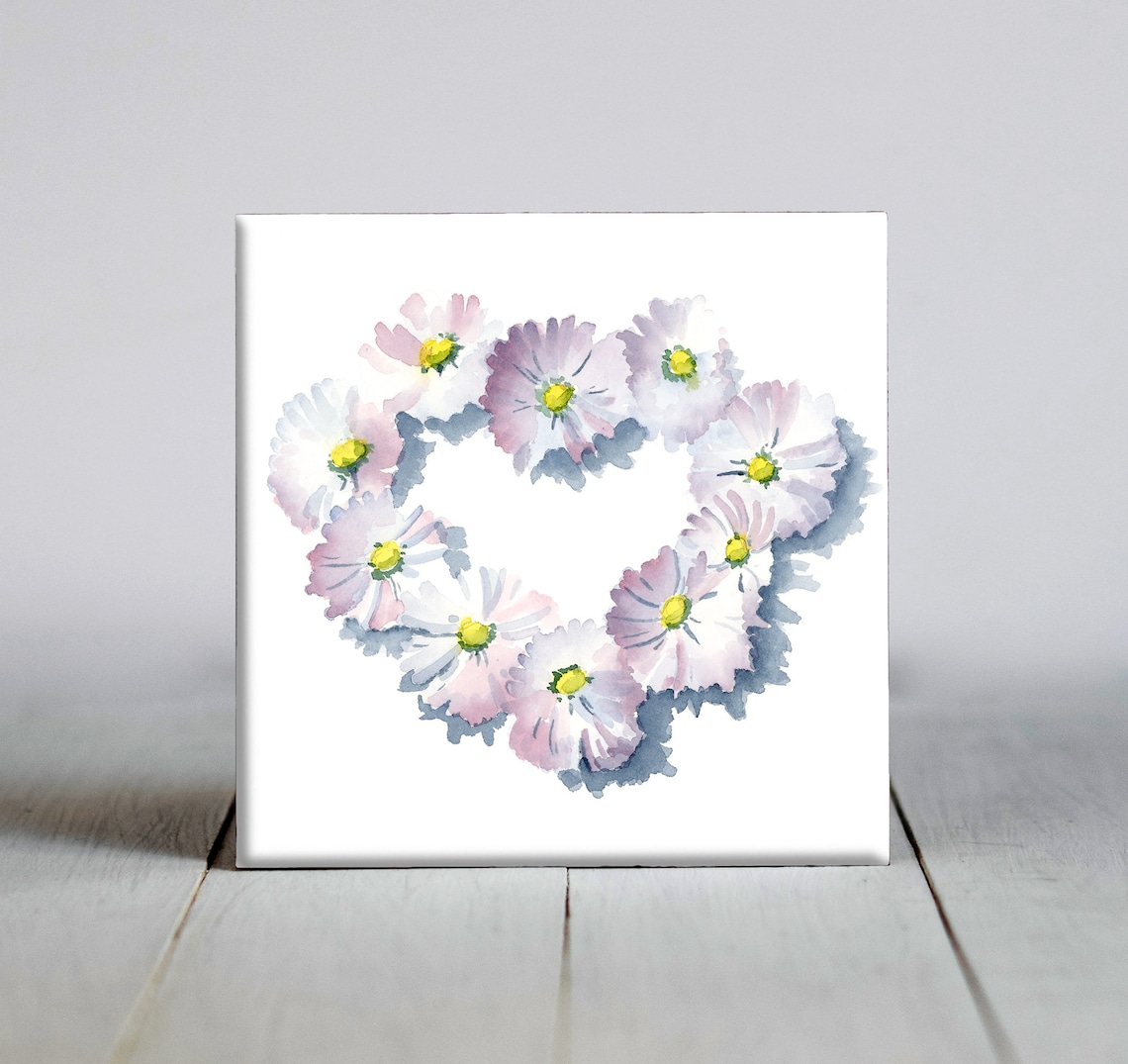 Daisy Heart Wreath Watercolor Floral Romance Ceramic Tile Wall Art