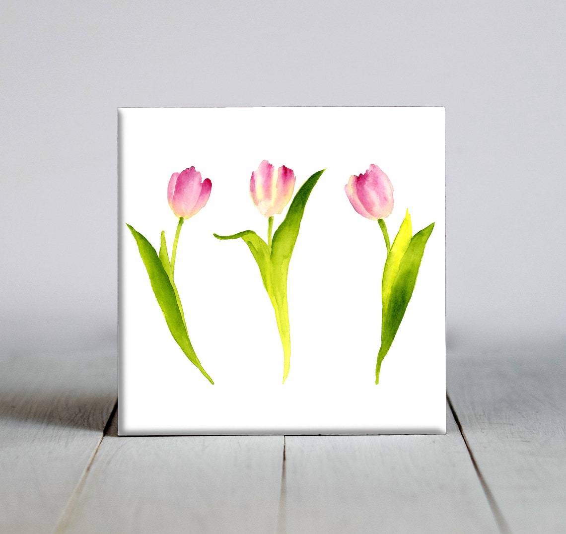 Three Pink Tulips Watercolor Spring Bloom Ceramic Tile Poster