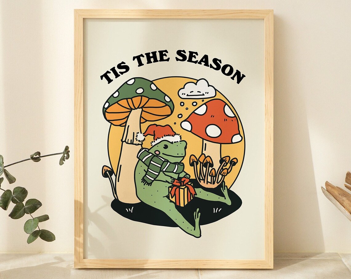 Tis The Season Christmas Frog Santa Hat Mushroom Holiday Quote Poster