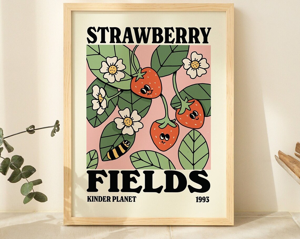 Strawberry Botanical Print, Retro Typography Poster