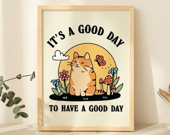 Cat Illustration Happiness Quote, Cute Kids Room Art Print