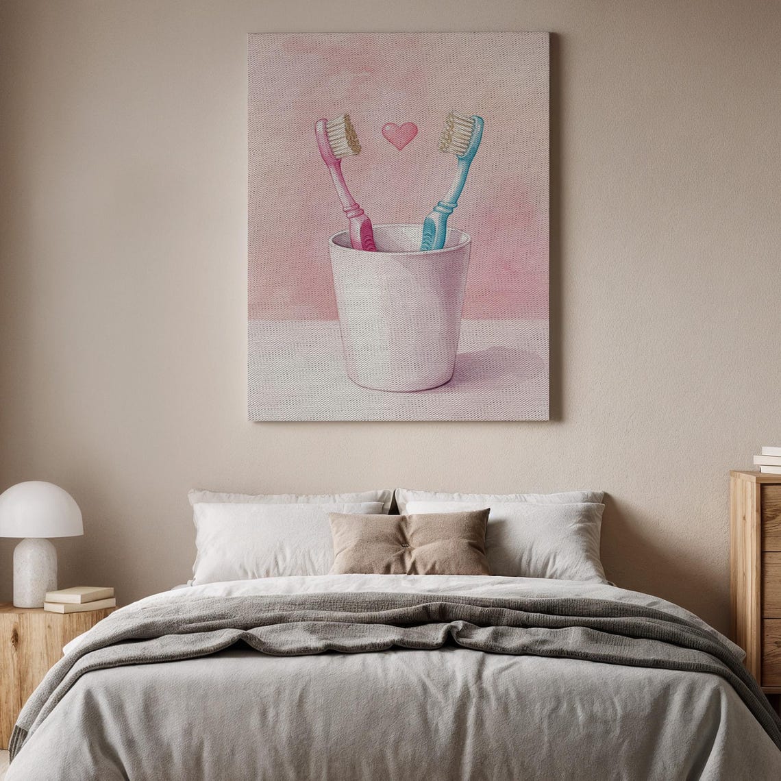 Toothbrush Couple Canvas Art Cute Bathroom Wall Decor Romantic Minimalist Illustration Love Themed Painting