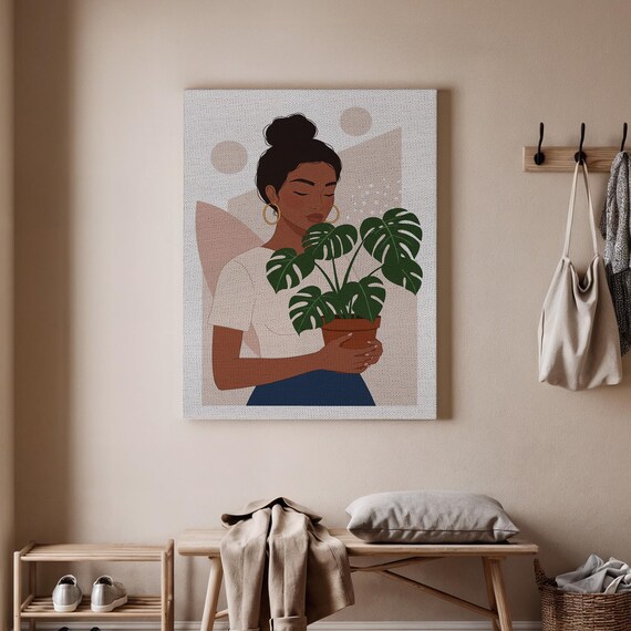 Modern Woman With Plant Art Print Minimalist Botanical Wall Decor Contemporary Canvas Poster Stylish Living Room Home