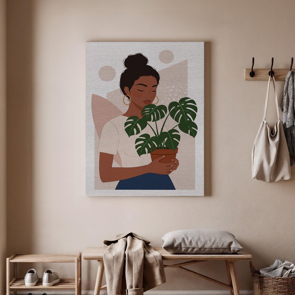 Modern Woman Holding Monstera Plant Minimalist Botanical Portrait Poster