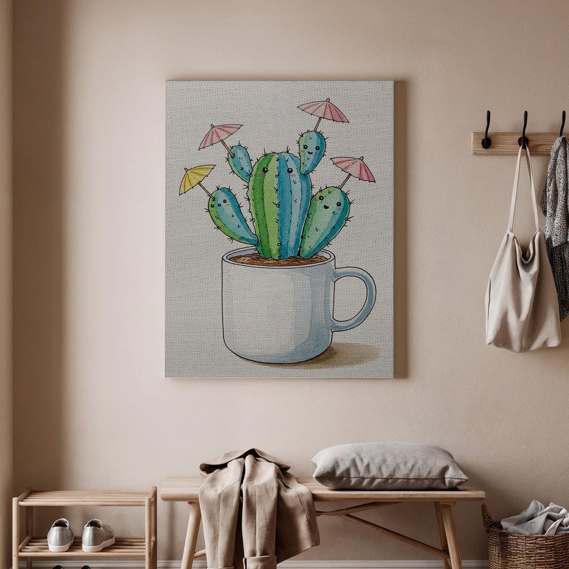 Whimsical Cactus Mug Art Print Fun Botanical Wall Decor Playful Plant Poster Colorful Canvas Quirky Home Kitchen Decoration