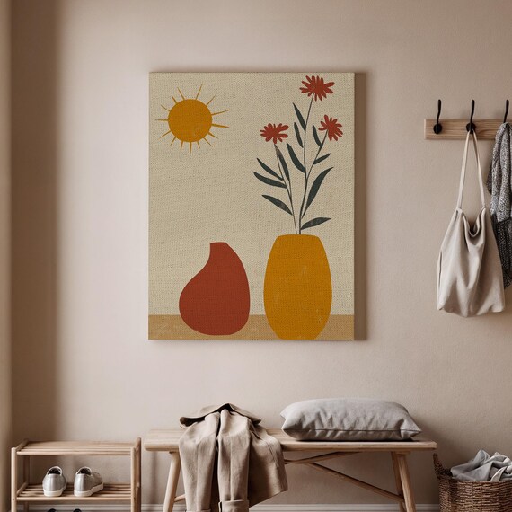 Framed Abstract Vases Canvas Print Colorful Flower Art With Sun Minimalist Retro Wall Decor For Living Room Kitchen Or Office