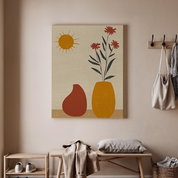 Minimalist Vases Flowers Sun Boho Retro Floral Still Life Poster