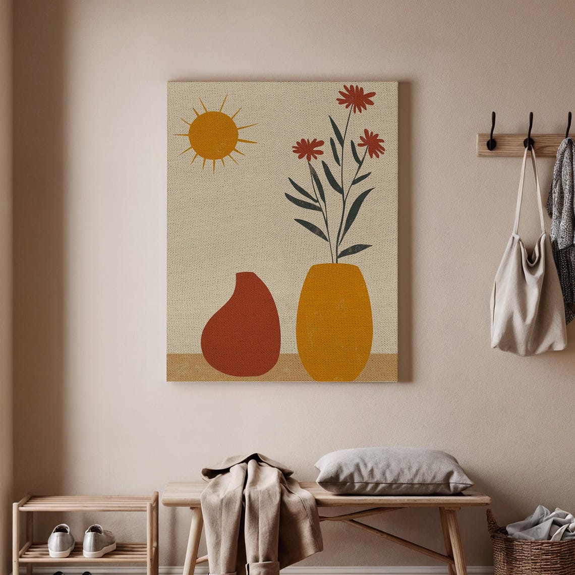 Minimalist Vases Flowers Sun Boho Retro Floral Still Life Poster