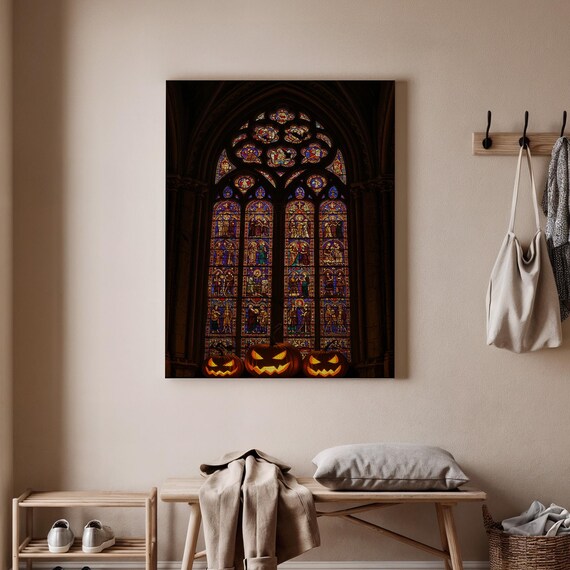 Halloween Gothic Church Canvas Art Stained Glass Window With Pumpkins Spooky Cathedral Wall Decor Haunted Night Print