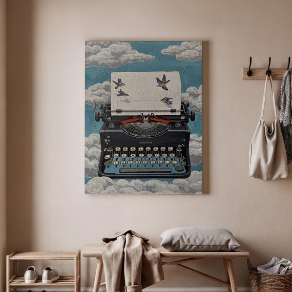Vintage Typewriter Art Print Surreal Wall Decor Literary Canvas Poster Retro Writing Inspired Artwork Whimsical Creative Illustration