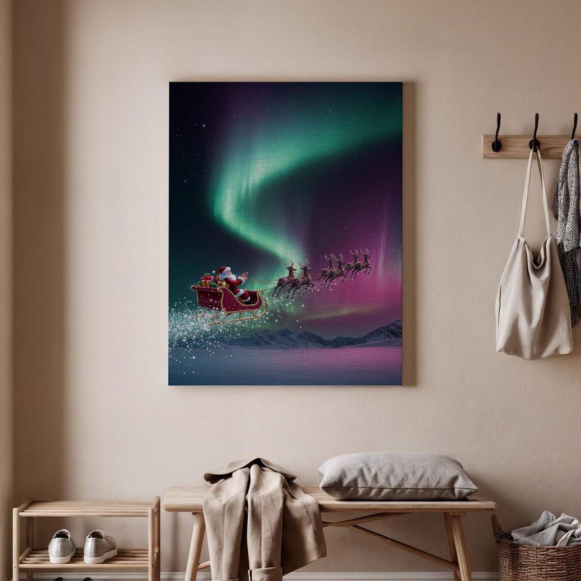 Santa Sleigh Northern Lights Aurora Reindeer Night Sky Christmas Poster