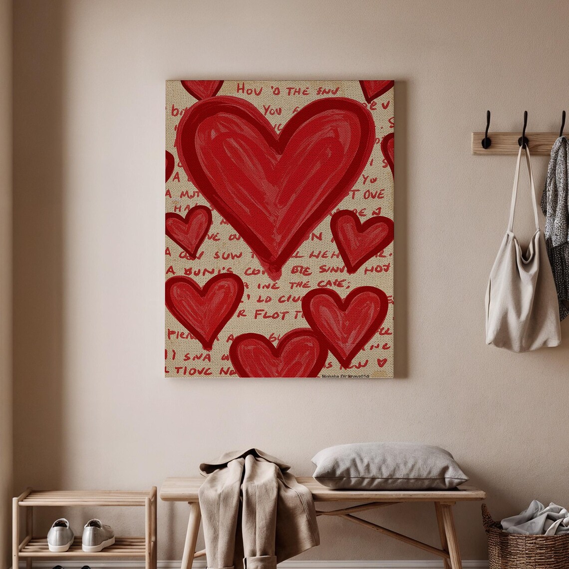 Red Heart Love Canvas Art Modern Valentines Day Wall Decor Beige Text Background Romantic Print Abstract Couple Gift