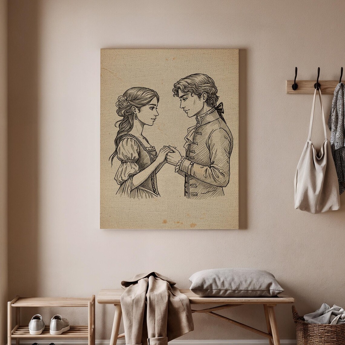 Vintage Romantic Couple Line Art Sketch Holding Hands Love Poster