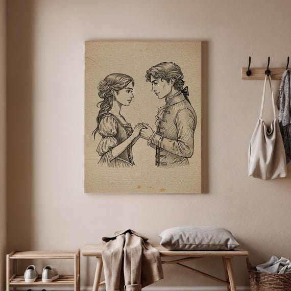 Vintage Couple Line Art Canvas Romantic Sketch Wall Decor Regency Era Love Illustration Minimal Drawing
