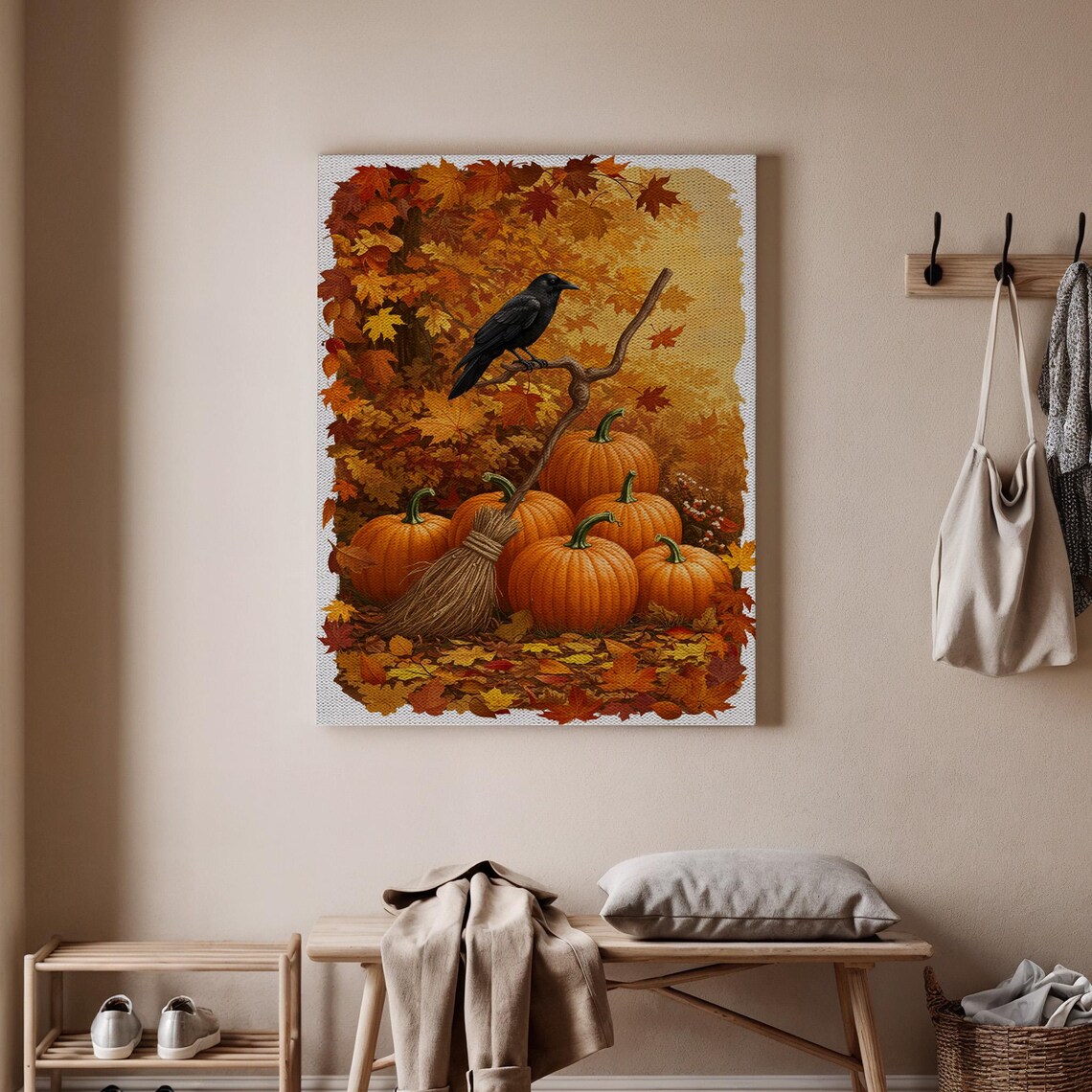 Autumn Pumpkin Canvas Wall Art Rustic Fall Print With Crow And Broom Halloween Harvest Decor Cozy Home Decoration
