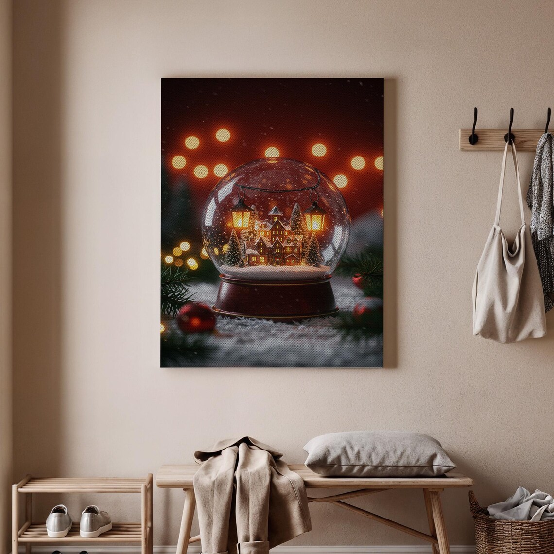Christmas Snow Globe Lantern Lights Festive Village Winter Wall Art