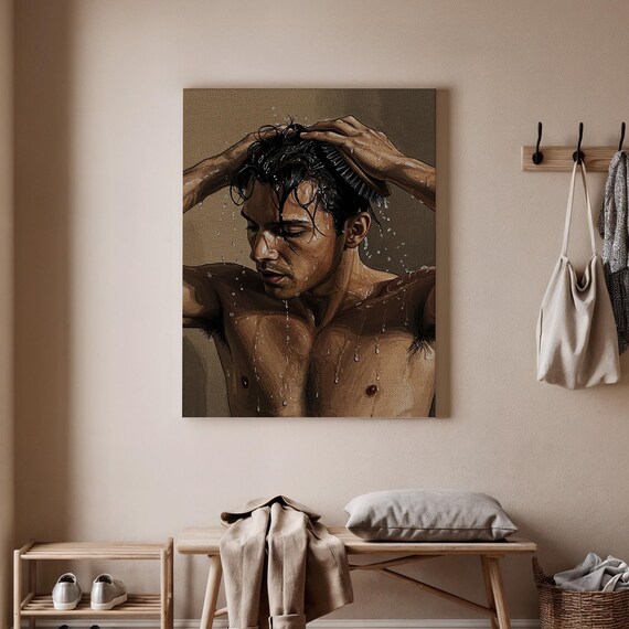 Shower Man Portrait Art Realistic Figurative Male Modern Bath Wall Decor Poster