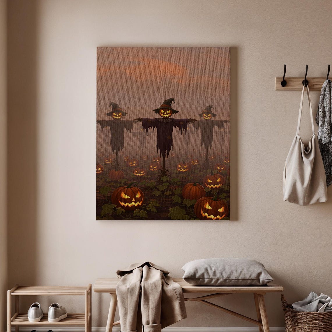 Three Pumpkin Scarecrows in Misty Pumpkin Patch Halloween Night Poster