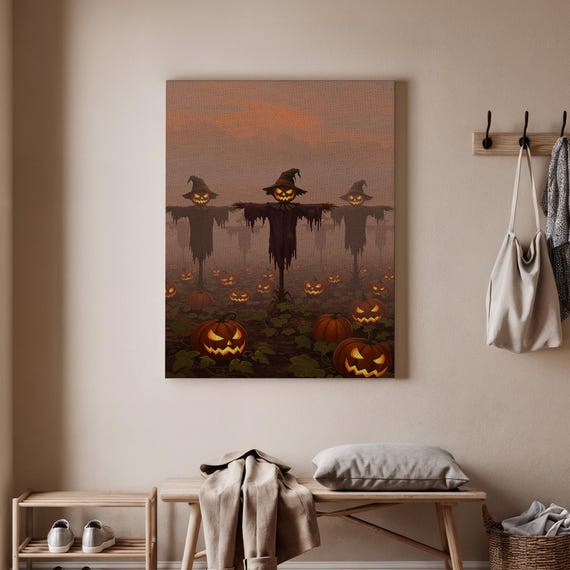 Halloween Scarecrow Canvas Art Pumpkin Scarecrows In Field Spooky Decor Haunted Farm Night Print