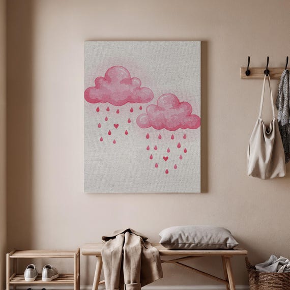 Pink Cloud Love Canvas Art Cute Rain Heart Painting Whimsical Wall Decor Romantic Minimalist For Bedroom Or Nursery