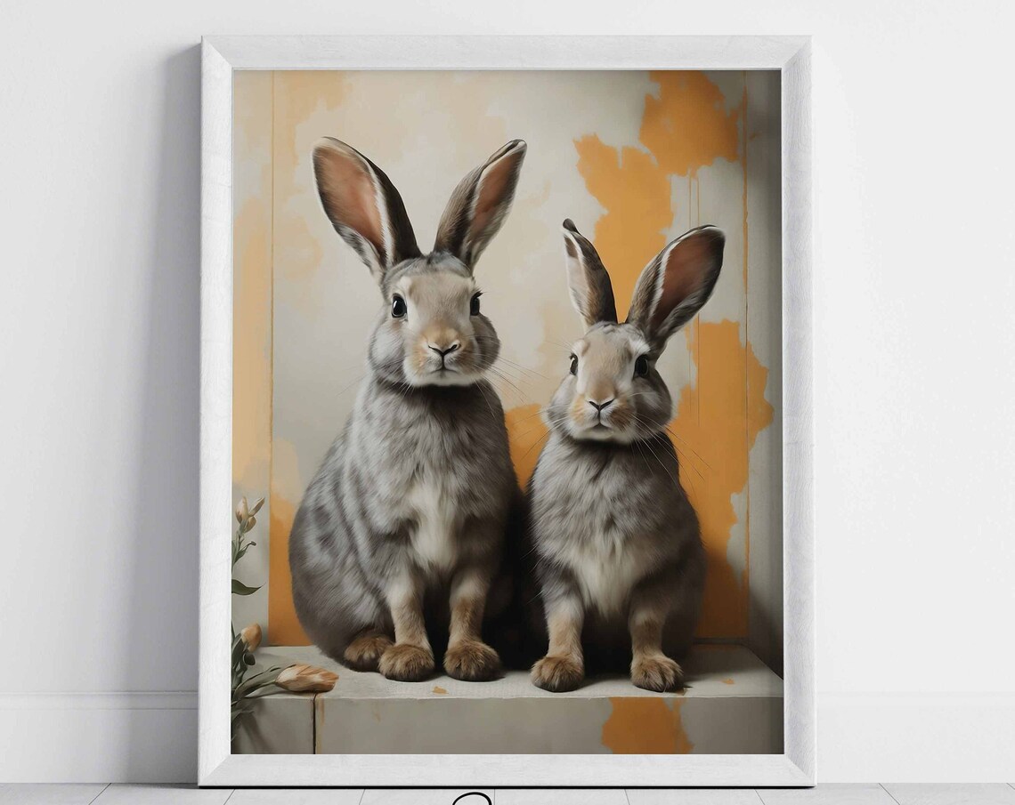 Two Cute Gray Bunnies Sitting Japandi Style Animal Art Print