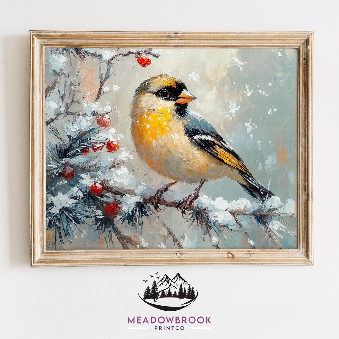 Finch On Icy Branch With Red Berries Frosty Winter Bird Art Poster