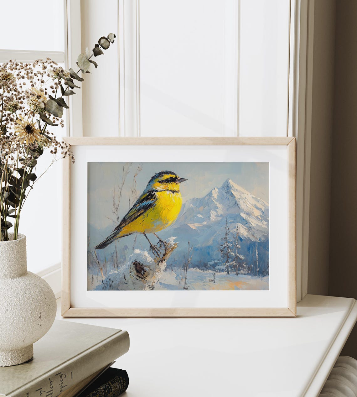 Yellow Siskin On Snowy Stump Before Snowcapped Mountain Winter Poster - Image 3