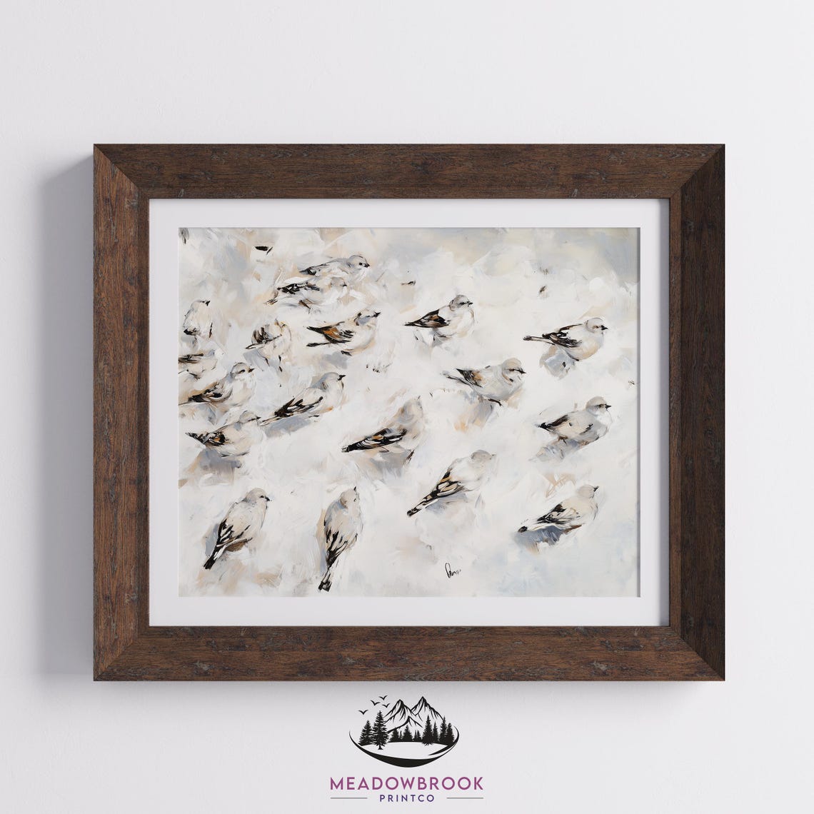 Flock Of Snow Buntings On Snow Soft Impressionist Winter Bird Poster - Image 2