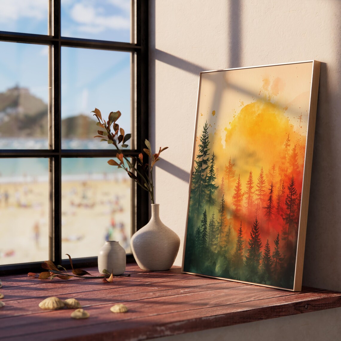 Golden Sunset Pine Forest Glow Warm Watercolor Autumn Art Poster - Image 2